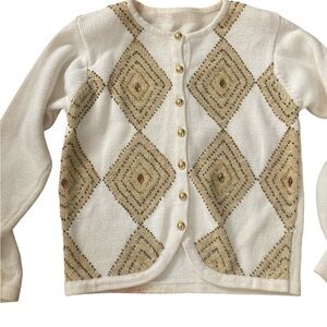 Vintage Gold Argyle Cardigan-Jeweled! Off-White & Gold- size M